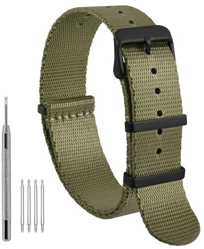 WOCCI 20mm Militär Nylon Uhrenarmband, Einteiliges Nylon Armband für Damen und Herren, Schwarze Schnalle (Armeegrün)
