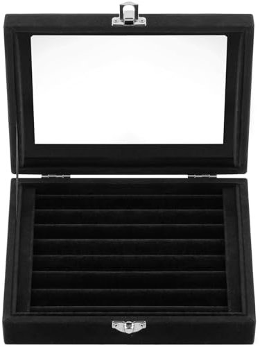 Jutieuo 7 Slots Ring Holder Storage Box Velvet Ring Display Case Jewelry Earrings Necklace Organizer Tray with Top Glass Lid Store Showcase Gift for Women Girls (Black)