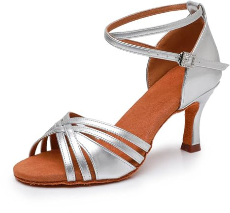 YCALCP Tanzschuhe Damen Latein Satin Professionelle Salsa Bachata Ballsaal Standard Tanzschuhe Performance Schuhe,L3049-Silber-7.5cm,EU 38.5