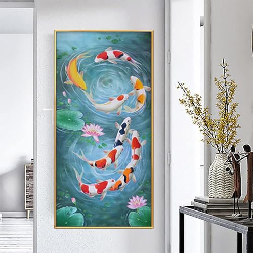 AWKFHF Koi-Fische Feng Shui Karpfen Lotusteich Bilder Leinwand Malerei Poster Kunstdruck Wohnzimmer Schlafzimmer Wand Deko (40X80CM,ohne Rahmen)