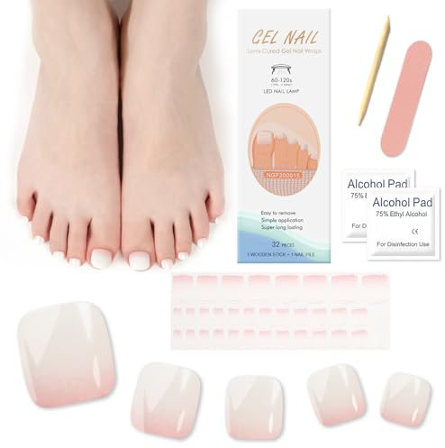 32Pcs Autocollants de Vernis à Ongles Pied, Bandes d'Ongles d'Orteil Effet Semi-Permanent Auto-adhésifs Toe Nail Art Stickers, Faux Ongles Pieds Autocollants pour Femmes Filles (Dégradé de Rose)