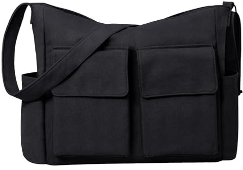 RZMAYIS Laptop Messenger Bag for Men and Women, Canvas Tote Cross-body Shoulder Bag with Laptop Sleeve, Canvas Messenger Bag for Work (Black)