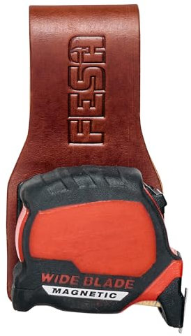 FESA Leather Tape Measure Holder or Drill Holder for Tool Belt - Full Grain w/Steel Clip & Reinforced Heavy Duty Rivets - Fits Belts up to 3 - Handcrafted (Cherry)
