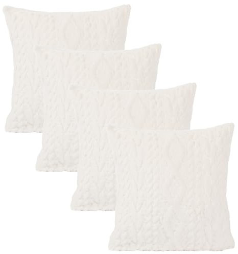 OHS Sofa Cushion Covers, Cable Knit Throw Pillow Covers 45 x 45 Ultra Soft Decorative Square Sofa Cushions for Living Room Bedroom Sherpa Reverse - Set of 4, Cream