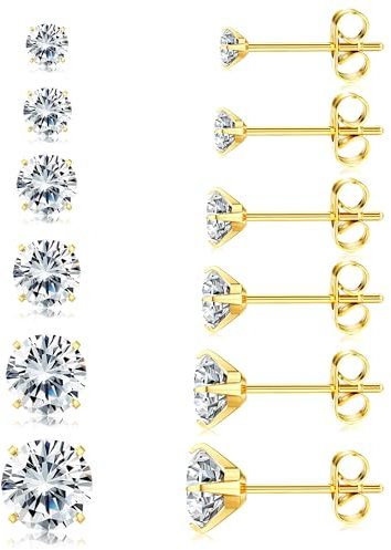 Diamday 6 Paar Ohrstecker Silber für Damen 5A Zirkonia Medizinische Ohrstecker Hypoallergen Ohrringe Set 316L Chirurgenstahl Piercing Ohr Gold Silber Ohrringe Stecker Tragus Knorpel Ohrpiercing