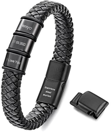 Murtoo Personalisiertes Lederarmband für Herren - Gravur Armband, Schwarz, Mit Namen Graviert - Geschenkidee für Männer (3 Ringe)