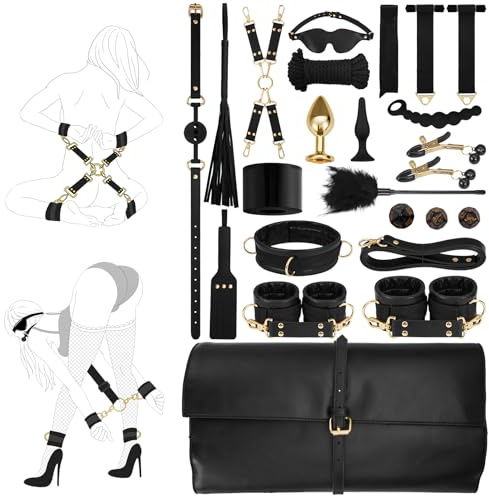 Sex Bondage Restraints Kit BDSM - 21PCS Leather Handcuffs Ankle Cuffs Furniture Restraint Accessories with Storage Bag Adult Sex Toys for Men Women Couples Foreplay | Black
