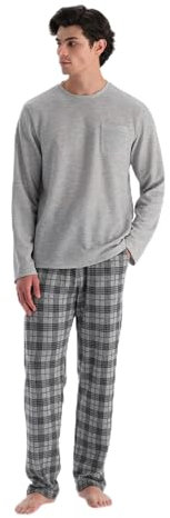 Dagi Men's Grey Melange Crew Neck Long Sleeve Plaid Pants Pajama Set, 2XL