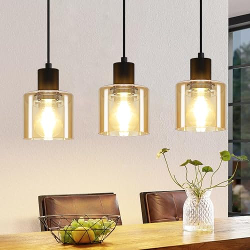 ZMH Lámpara Colgante Vintage de Mesa de Comedor Con 3 Bombillas E27 - Lámpara Retro Negra de Vidrio Para Comedor (Sin Bombilla)
