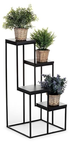 HowHomely 4 Etagen Blumentreppe - Metall Pflanzentreppe 70 cm Hoch - Blumenregal mit MDF-Platten in Schwarz für 4 Blumen - Blumenständer für die Innendekoration
