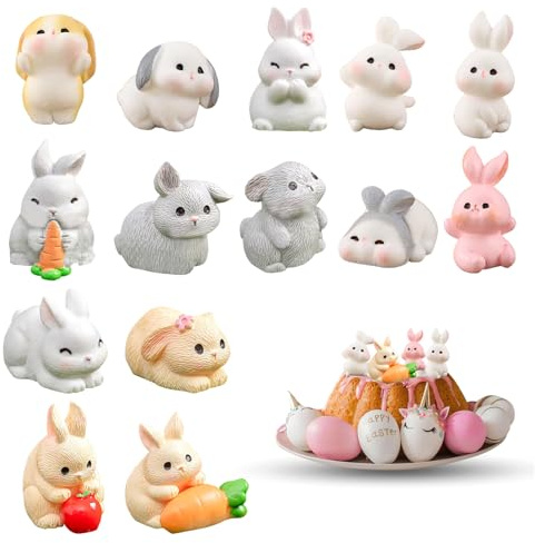 KUBDPQOR Hase Figuren Harz Miniatur Kaninchen 14 Stück süße Hasen-Dekoration, Mini-Kaninchen-Figuren, Mini-Deko-Hasen aus Kunstharz für Zuhause, Geburtstagsgeschenk und Partyzubehör.