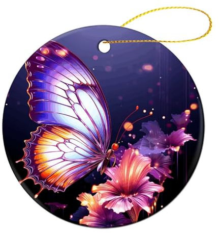 Weihnachtsschmuck Lila Schmetterling Gedruckt Runde Keramik Ornament Weihnachten Hängende Ornamente Weihnachtsbaum Dekorationen Doppelseitiger Weihnachtsschmuck