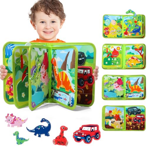 XIAPIA Montessori Busy Board Baby Spielzeug ab 1 Jahr, Filzbuch Dino Busy Book Aktivität Reisespiel, Beschäftigung für Kinder im Flugzeug, Weihnachten Geburtstag Geschenk Jungen Mädchen 2 3 Jahre