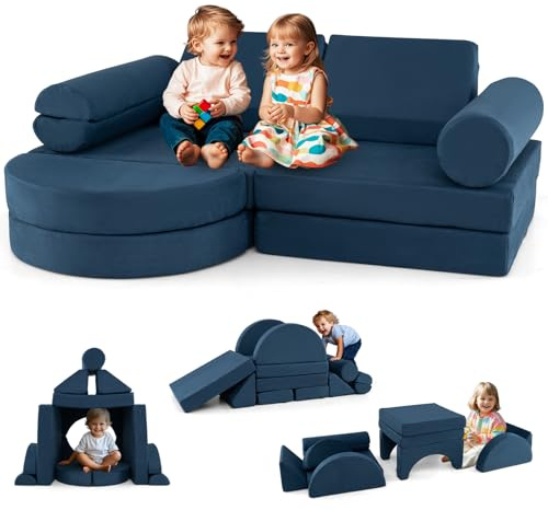 COSTWAY Sofá Modular Infantil de 13 Piezas, Conjunto Versátil de Sofá Seccional para Niños para Guardería, Dormitorio, Sala de Estar, Sofá de Espuma Convertible para Niños (Azul)