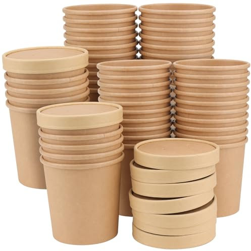 HEIYUET 50 Stück Einweg SuppenbecherPappe mit Deckel 460ml, Braun, Suppenbecher zu Go