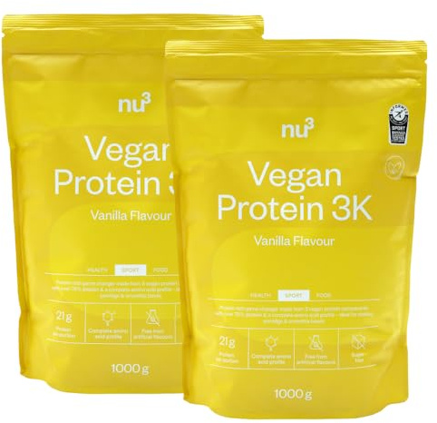 nu3 vegan Protein 3K Vanille 1 kg - Protein-Powder, pflanzlich, laktosefrei, ohne Soja, zuckerarm, gelatinefrei, aspartamfrei, cremig, Eiweißpulver für Muskelaufbau, Training & Alltag - 2x1000 g