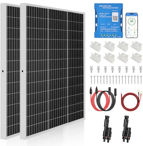 【240W Bluetooth APP Solar Panel Kit】DERUXI 2x120W Caravan Solar Panel 1kWh/Day Off-Grid for RV Boat Shed: 2Pcs 120W 12V Solar Panels+20A Bluetooth Charge Controller+T Connector+Solar Cable+Z Bracket