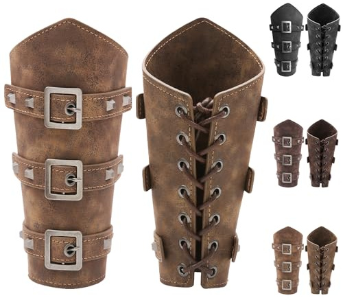LUKIUP 2 Stück Mittelalterliche PU-Leder Armschienen, Stilvolle Retro-Armbänder, Ritter/Wikinger Armschützer für LARP, Renaissance, Cosplay & Halloween(Khaki)