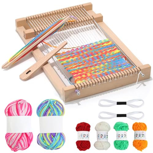 Qcdou Webrahmen Kinder, DIY Holz Webrahmen Set, mit Farbige Wolle, Webstock, Kamm, Hölzerne Webenadel, 19x29 cm Webstuhl Viereckig, Strickset für Kinder Anfänger(B)