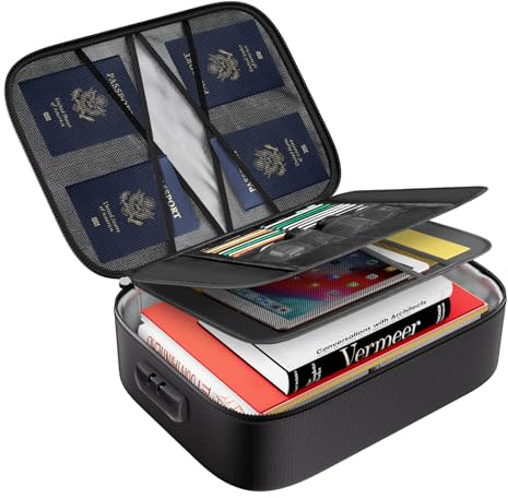 Tamfile 5200℉ Fireproof Document Box, 8-Layer Document Organiser Bag, Black | High Temperature Resistance, Waterproof, with Lock, 15''×11''×4'' Large Capacity, File Storage Box, for Office Home School