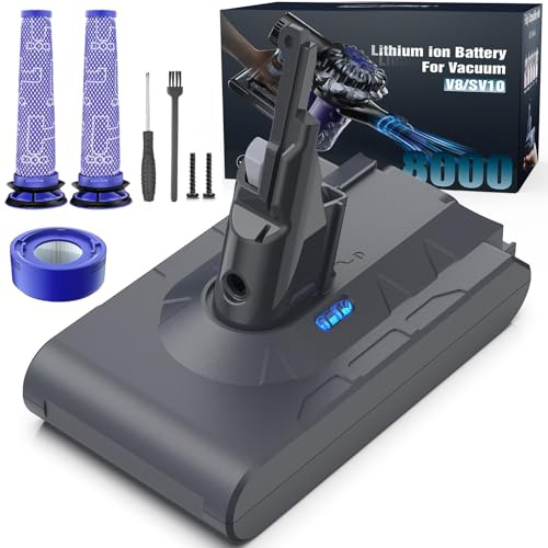 Morpilot Batteria per Dyson V8, 8000mAh Batteria di Ricambio per Dyson V8 Absolute Fluffy Animal SV10 Motorhead Slim Fluffy Total Clean Extra con 3 Filtri