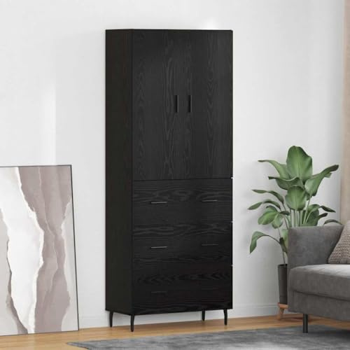 Elegantes Aufbewahrungsmöbel als Schrank Highboard mit Metallfüßen und Türen in Schwarz-Eiche aus Holzwerkstoff und Glas, 2 Stück