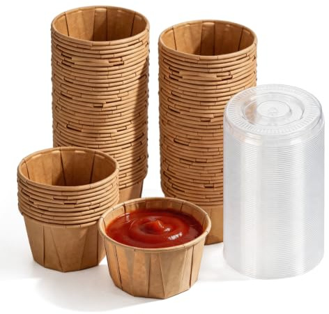 Cherrypick 100 Pack Disposable Paper Sauce Cups with Lids, 2.5oz Leakproof Small Condiment Containers for Dips, Dressings, Jello Shots, Meal Prep, Takeout & Parties (Unbleached)