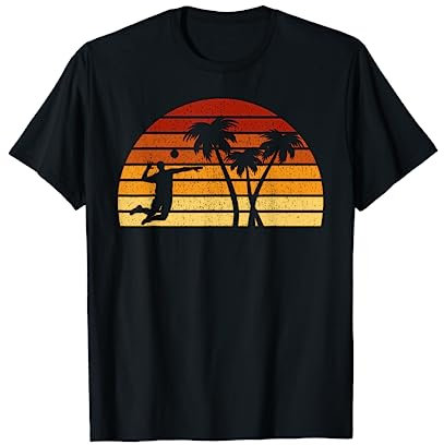Retro Volleyballspieler Geschenkideen Vintage Sonne Volleyball T-Shirt für Herren S Schwarz Klassisch geschnitten Halbarm Crew-Ausschnitt S