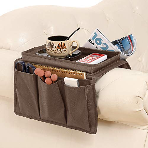 Moonlove Over Sofa Armrest Hanging Tidy Storage Caddy Non-slip Couch Organiser Caddy Pockets With Tray Arm Chair Tidy Organiser for Snacks Coffee Cups Eyeglasses Cable Pens, Coffee