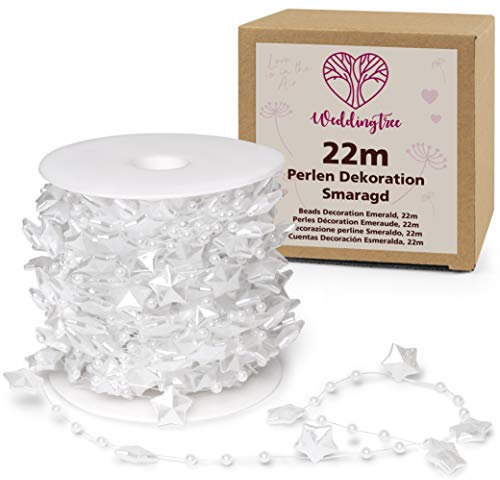 WeddingTree 22m Perlengirlande weiss Axinit - Perlenband für Hochzeits- und Partydeko Geburtstag Taufe Weihnachten - Tischdeko Hochzeit - Perlendraht mit Perlen - Kristall Kette Deko