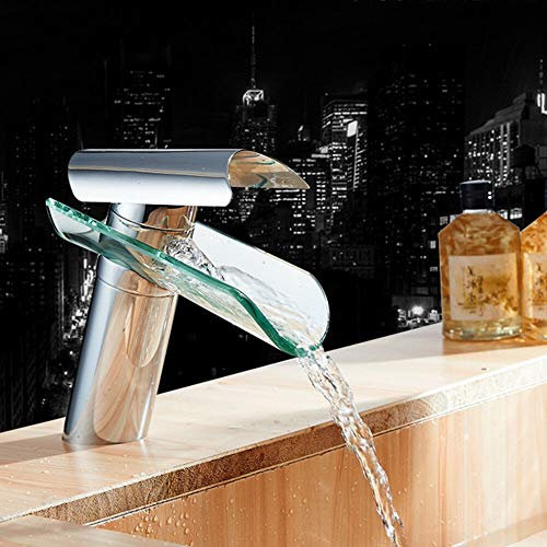 Chrom Wasserfall Waschtischarmatur Bad Wasserhahn Einhebelmischer Aufsatz-Waschbecken Armatur für Badezimmer aus Messing mit Glas Auslauf