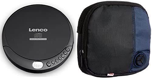 Lenco CD-Player CD-200 Discman mit LCD-Display, Batterie- und Netzfunktion, Inklusive Stereo-Kopfhörer, USB-Ladekabel Schwarz & Hama CD-Player-Tasche für Discman und 3 CDs schwarz/blau