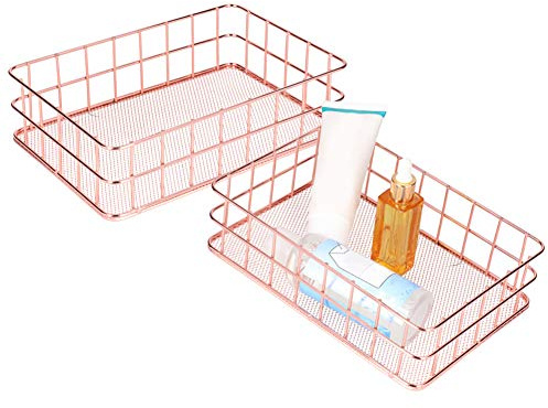 HERCHR 2PCS Metalldraht-Aufbewahrungskörbe, Make-up-Organizer Roségold-Schreibtisch-Organizer für das Home Office[L]