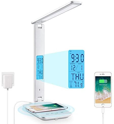 LAOPAO LED Desk Lamp with 10W Wireless Charging and USB Charging Port, 3 Colour Temperatures, 5 Brightness Levels,Touch Control, Time,Temperature,Clock Function for Home Office [White]