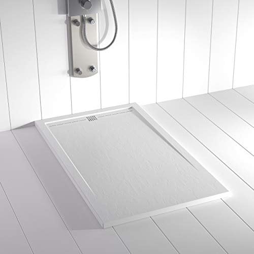 Shower Online Plato de ducha Resina FLOW - 70x110 - Textura Pizarra - Antideslizante - Todas las medidas disponibles - Incluye Rejilla Color Blanco y Sifón - Blanco RAL 9003