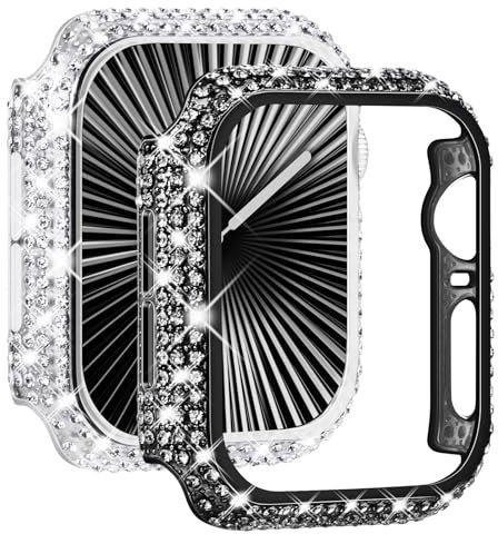 NewWays Confezione da 2 custodie per Apple Watch Case 44 mm, completamente pavimentate con diamanti protettivi per iWatch SE Series 6, 5, 4, 3, 2 1 (44 mm, nero+trasparente)