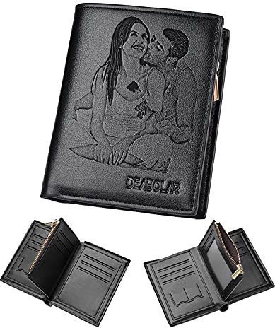 Portefeuille pour homme personnalisé, portefeuille en cuir avec photo de gravure avec compartiment à monnaie, portefeuille à deux volets avec photo, surprenez un cadeau de gentleman romantique