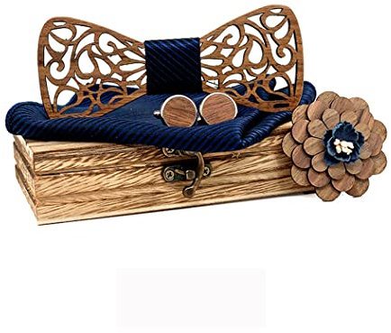 HZQIFEI Fliege aus Holz, 4-teiliges Set mit Fliege aus Holz + Manschettenknöpfe + Brosche + quadratische Tasche, modisches Accessoire, Stil #04, Ensemble de 4 pièces