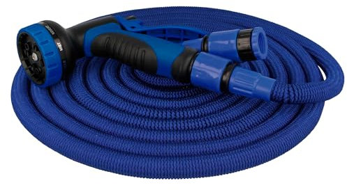 Amig - Erweiterbarer Schlauch | 15 Meter | Inklusive Zubehör und Bewässerungspistole mit 9 Funktionen | Unterstützt bis zu 6 bar. des Drucks | Farbe Blau | Doppelter Latex