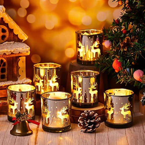 BBTO Set of 6 Christmas Candle Holder Gold Silver Glass Christmas Tealight Holders Deer Snowflake Xmas Tree Decor for Xmas Party Table Centerpieces 3.2 Inch(Elk Style)