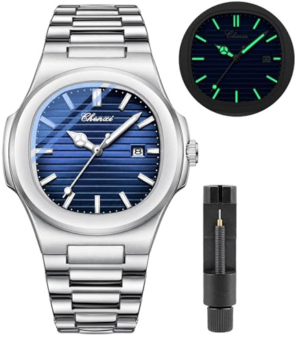 Gosasa - Orologio da uomo alla moda, in acciaio inox, movimento al quarzo, luminoso, impermeabile, con display analogico