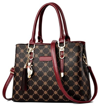NICOLE & DORIS Damen Handtasche Elegante Schultertaschen Bedruckte Handtaschen PU Leder Frauen Umhängetasche Shopper Tote Mittelgross Tasche Henkeltasche mit Anhänger Burgundisch