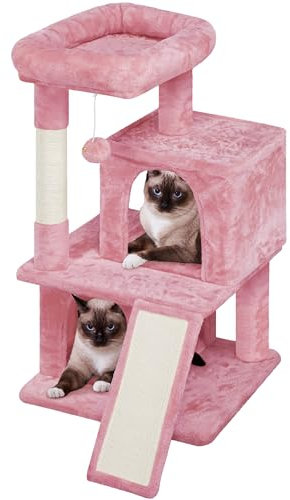 Yaheetech Arbre à Chat avec Griffoir et Poteaux en Sisal Centre d'activités 2 Niches 1 Boule de Peluche et 1 Platforme 49 x 45,5 x 91 cm Rose
