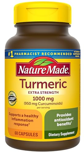 Nature Made Extra Strength Turmeric Curcumin with Black Pepper, 1000mg Turmeric Extract per serving (Standardized to 95% Curcuminoids), Supports Healthy Inflammation Response, 60 Vegetarian Capsules