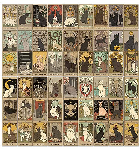 Katzen Tarot Aufkleber 72pcs, Ästhetische Dekoration Vinyl Sticker für Sammelalbum, Laptop, Kinder, Teenager, Mädchen
