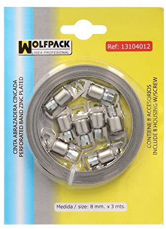WOLFPACK LINEA PROFESIONAL Cinta Abrazadera cortar Zincada 8 mm. x 3 m. con 8 tornillos Abrazadera Metalica de Tornillo, Abrazadera Sin Fin