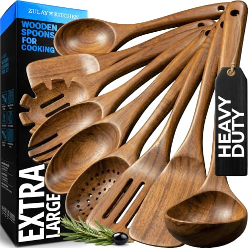 Zulay Kitchen 9-Piece Teak Wooden Utensils for Cooking - Smooth Finish Natural Teak Utensil Set - Non-Stick Wooden Spoons for Cooking - Kitchen Gift Set - Comfortable Grip Wooden Utensil Set