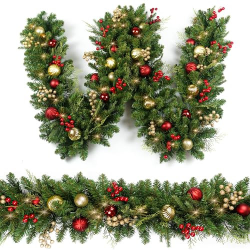 Weihnachtsgirlande, 2,7 m, mit 50 LEDs, goldene und rote Kugelbeeren, batteriebetrieben, Weihnachtsdekoration mit Licht-Timer für Kaminsims, Treppenhaus im Innen- und Außenbereich