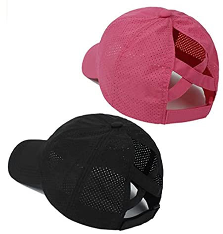 ISTOVO 2 pièces Criss casquette de baseball queue de cheval pour femmes, bonnet de ponycap en à séchage , chapeau de voyage en plein air, rose+noir, Noir et rose
