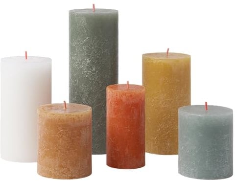 Bolsius - Juego de 6 velas rústicas de pilar – Retro – Velas decorativas para el hogar – Tiempo de combustión – sin perfume – Cera vegetal natural – sin aceite de palma